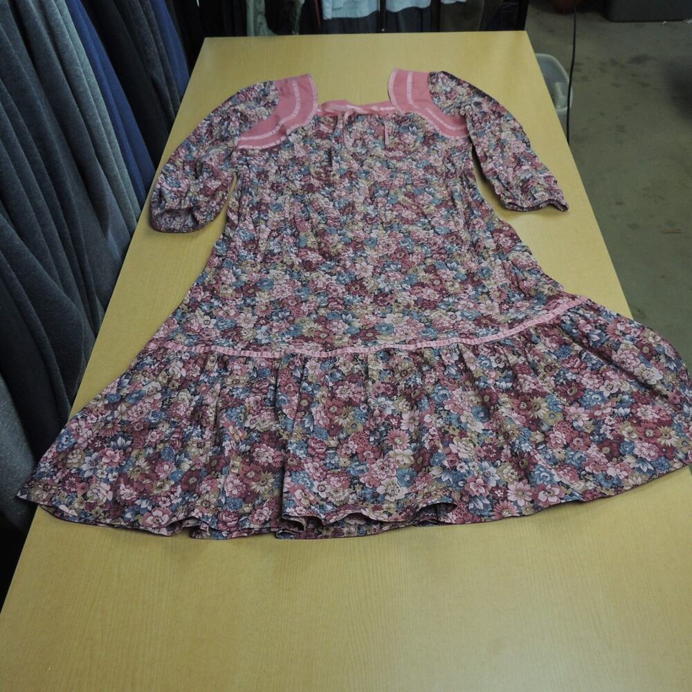 Vintage Handmade Drop Waist Ruffle Skirt Floral Dress Pink Burgundy Blue